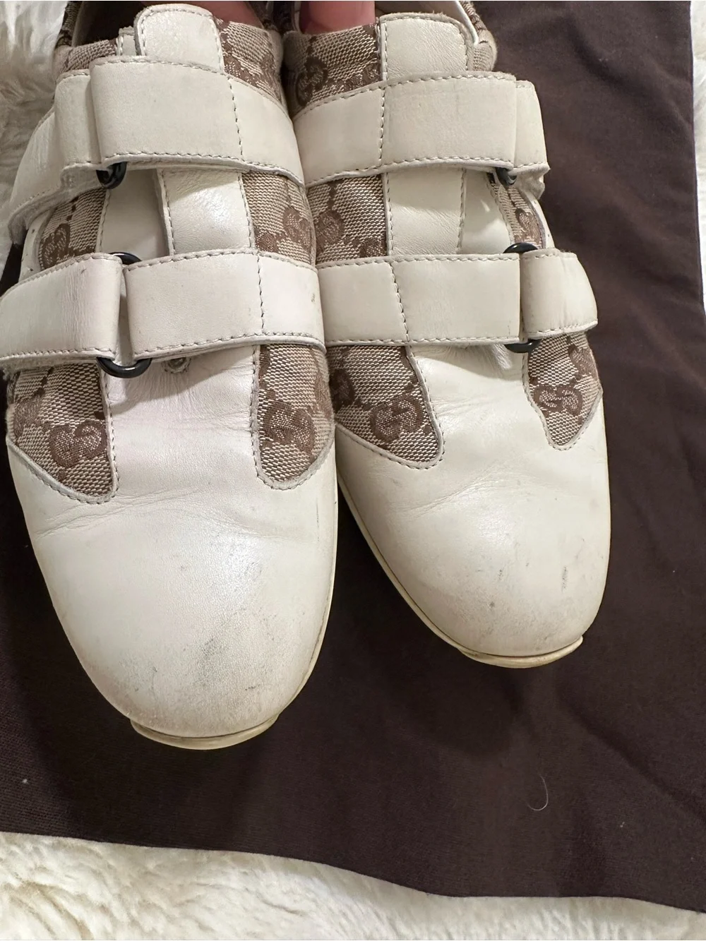 Gucci GG Canvas & White Leather Double Strap Sneakers 39.5 Authentic + Dust Bag